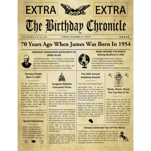 70th Birthday Gifts, Personalized, Headline News Print, Time Capsule, Newsletter Style, 1954 Birthday Gift, Chronicle, 70th Milestone Gifts