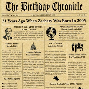 21st Birthday Gifts, Personalized, Headline News Print, Time Capsule, Newsletter Style, 2005 Birthday Gift, Chronicle, 21st Birthday Display image 2