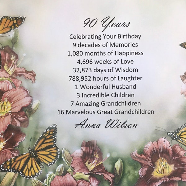 90th Birthday Gift, 90th Milestone Gift, Born in 1934, Personalized Birthday, 1934 Birthday Gifts, 90 Years Old, 90th Party Decor, Butterfly