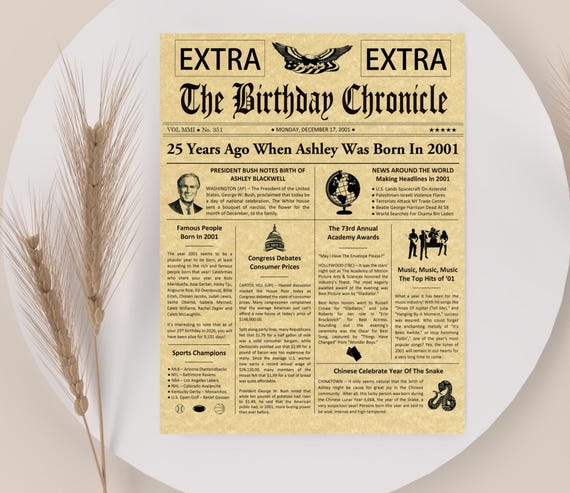25th Birthday Gifts, Personalized, Headline News Print, Time Capsule, Newsletter Style, 2001 Birthday Gift, Chronicle, 25th Birthday Display