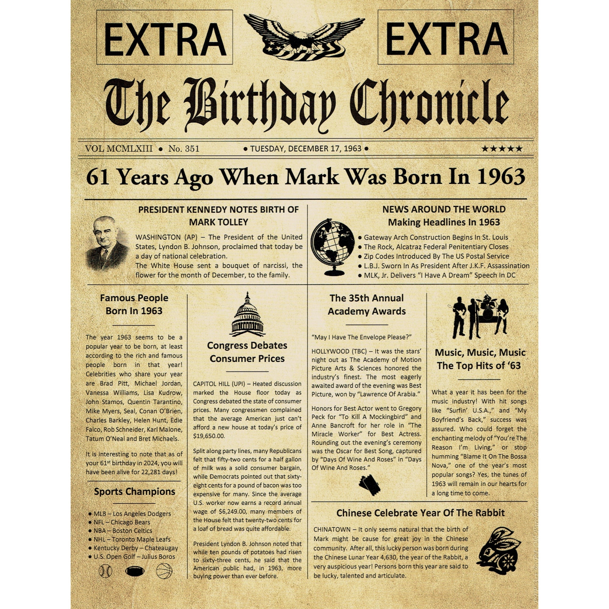 61St Birthday Gifts, Personalized, Headline News Print, Time Capsule, Newspaper Style, 1964 Gift, Chronicle, Gift