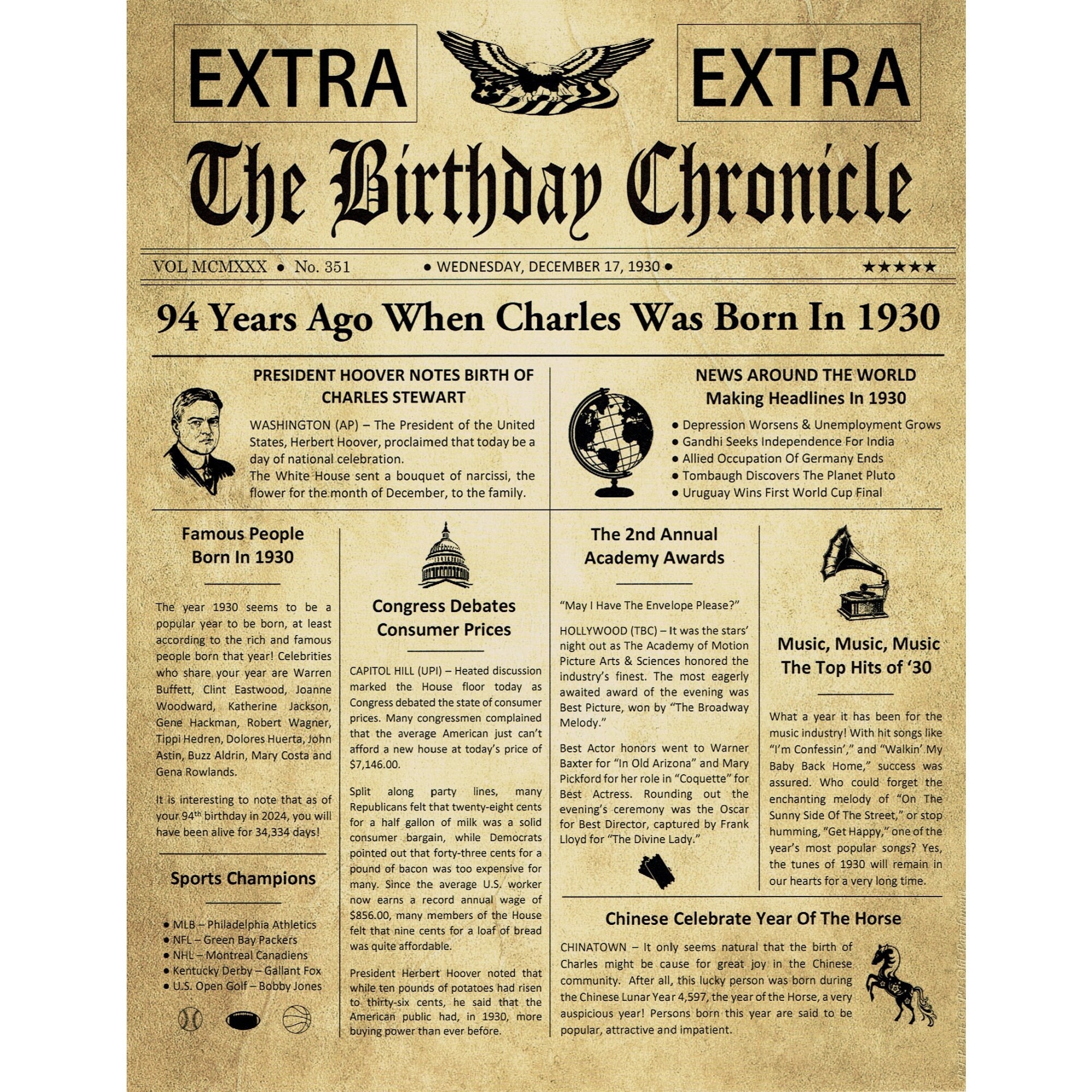 94Th Birthday Gifts, Personalized Headline News Print, Time Capsule, Newspaper, 1931 Gift, Chronicle, Gift