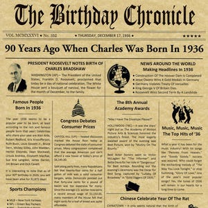 90th Birthday Gifts, Personalized, Headline News Print, Time Capsule, Newsletter Style, 1936 Birthday Gift, Chronicle, 90th Milestone Gift bild 2