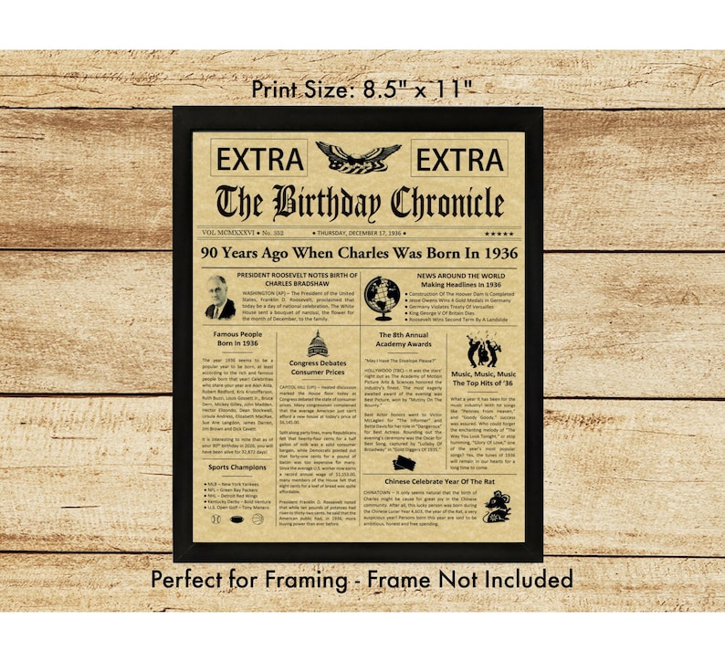 90th Birthday Gifts, Personalized, Headline News Print, Time Capsule, Newsletter Style, 1936 Birthday Gift, Chronicle, 90th Milestone Gift bild 5