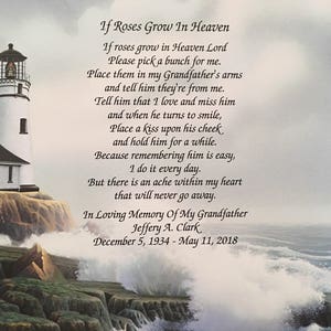 May include: A poem about remembering a loved one who has passed away, with a lighthouse and ocean waves in the background. The poem reads: "If roses grow in Heaven Lord, Please pick a bunch for me. Place them in my Grandfather's arms and tell him they're from me. Tell him that I love and miss him and when he turns to smile, Place a kiss upon his cheek and hold him for a while. Because remembering him is easy, I do it every day. But there is an ache within my heart that will never go away. In Loving Memory Of My Grandfather Jeffery A. Clark December 5, 1934 - May 11, 2018"