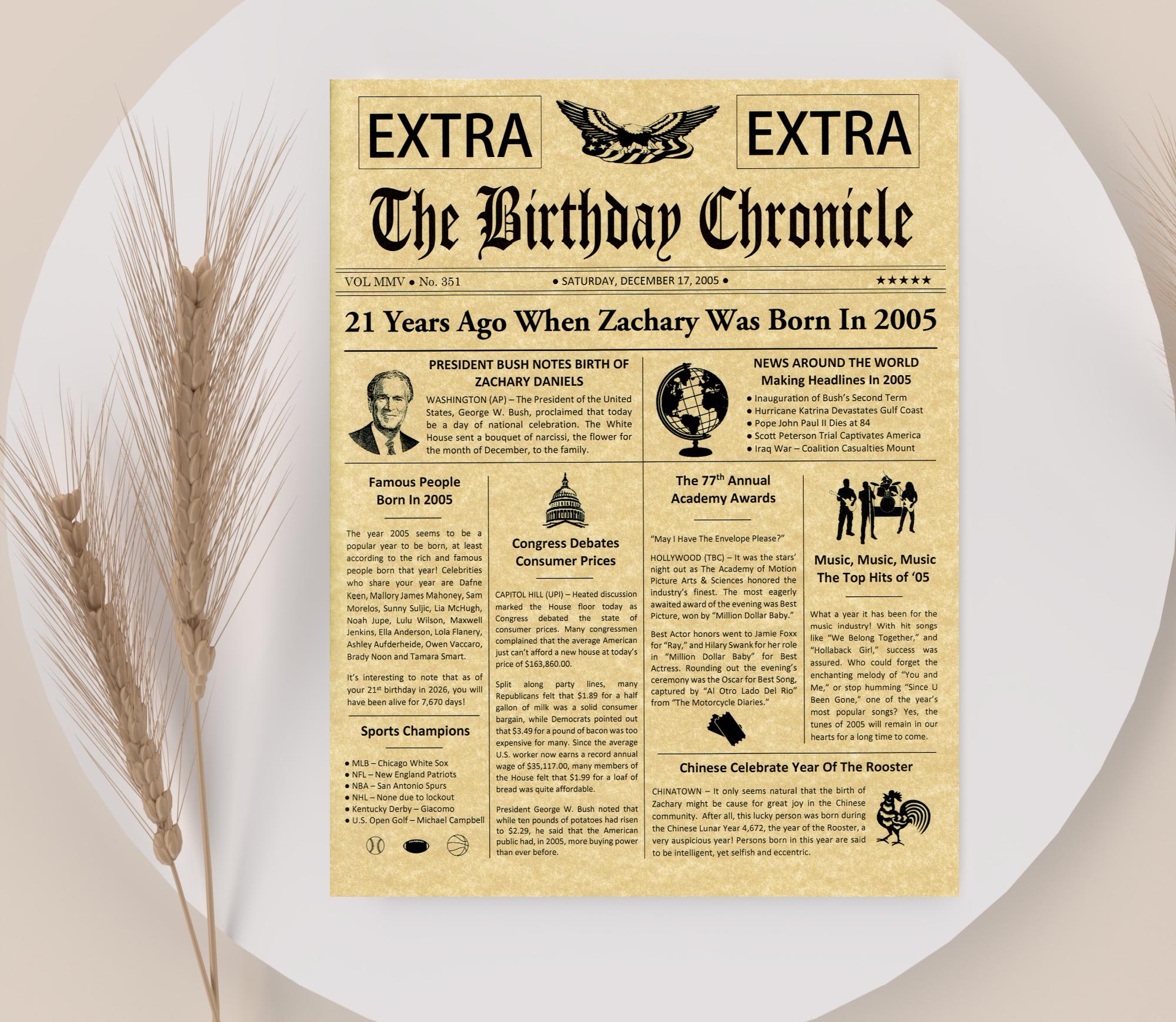 21St Birthday Gifts, Personalized, Headline News Print, Time Capsule, Newsletter Style, 2005 Gift, Chronicle, Display