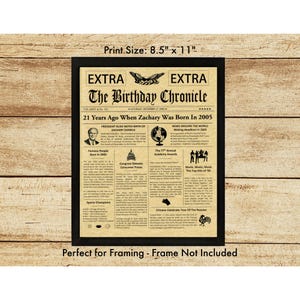 21st Birthday Gifts, Personalized, Headline News Print, Time Capsule, Newsletter Style, 2005 Birthday Gift, Chronicle, 21st Birthday Display image 5