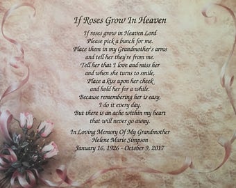 Memory of Grandmother, Memory Gift, Condolence Gift, Sympathy, Personalized Gift, If Roses Grow In Heaven, Memorial Poem, Loss of Grandma