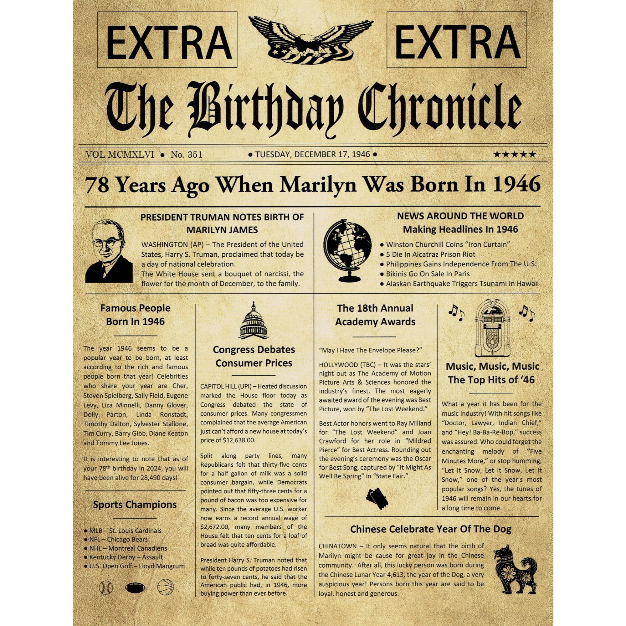 78Th Birthday Gifts, Personalized, Headline News Print, Time Capsule, Newsletter Style, 1947 Gift, Chronicle, Gift