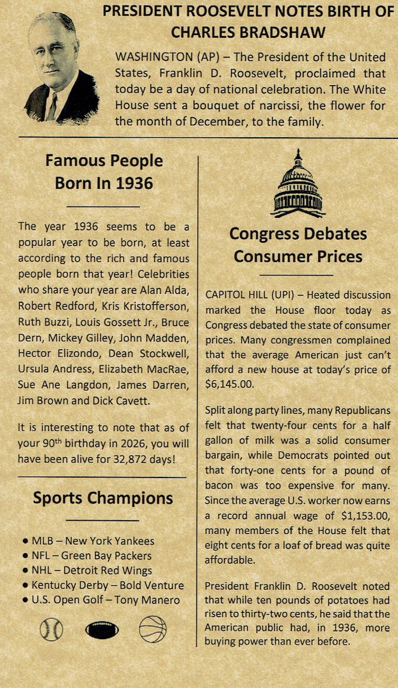 90th Birthday Gifts, Personalized, Headline News Print, Time Capsule, Newsletter Style, 1936 Birthday Gift, Chronicle, 90th Milestone Gift bild 3