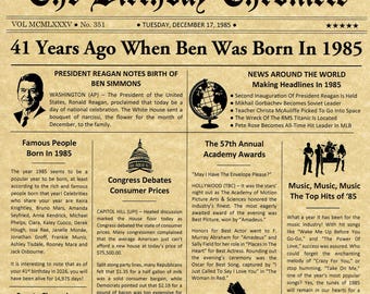 Personalized 41st Birthday Gift, Newspaper Style 8.5" X 11" Print, Born in 1985