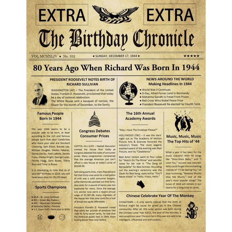 80th Birthday Gifts, Personalized, Headline News Print, Time Capsule, Newsletter Style, 1944 Birthday Gift, Chronicle, 80th Milestone Gifts image 1