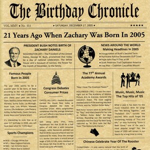 21st Birthday Gifts, Personalized, Headline News Print, Time Capsule, Newsletter Style, 2005 Birthday Gift, Chronicle, 21st Birthday Display image 6