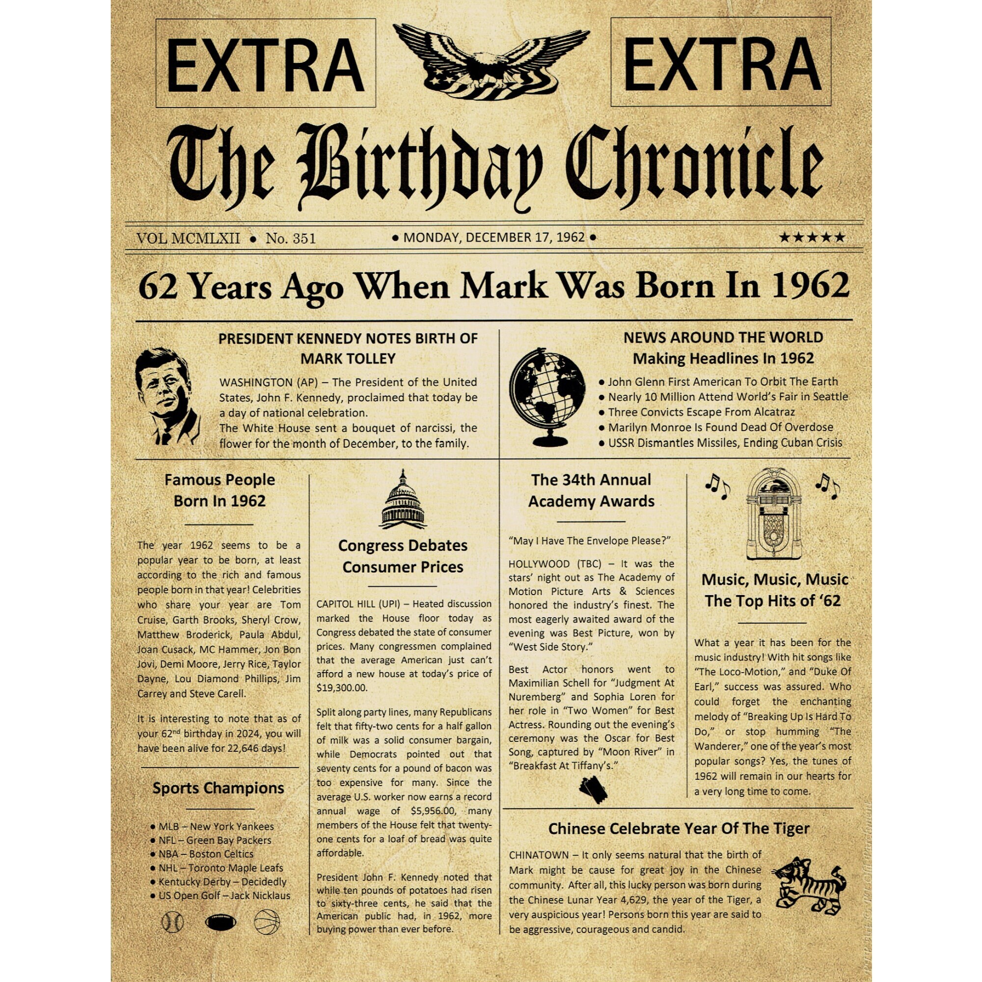62nd Birthday Gifts, Personalized, Headline News Print, Time Capsule, Newsletter Style, 1963 Birthday Gift, Chronicle, 62nd Birthday Gift