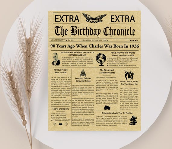 90th Birthday Gifts, Personalized, Headline News Print, Time Capsule, Newsletter Style, 1936 Birthday Gift, Chronicle, 90th Milestone Gift