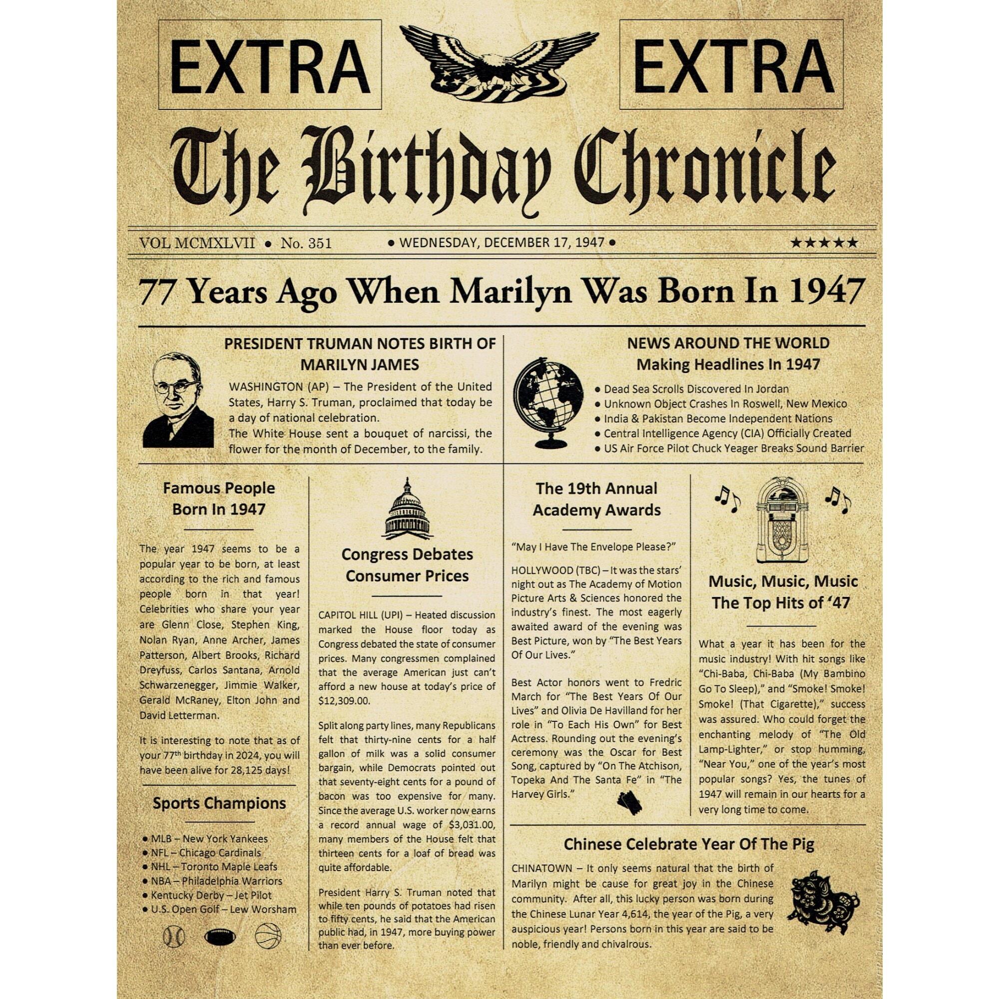 77Th Birthday Gifts, Personalized, Headline News Print, Time Capsule, Newspaper Style, 1948 Gift, Chronicle, Display