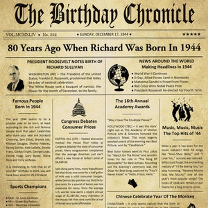 80th Birthday Gifts, Personalized, Headline News Print, Time Capsule, Newsletter Style, 1944 Birthday Gift, Chronicle, 80th Milestone Gifts image 4