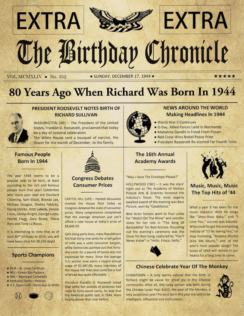 80th Birthday Gifts, Personalized, Headline News Print, Time Capsule, Newsletter Style, 1944 Birthday Gift, Chronicle, 80th Milestone Gifts image 4