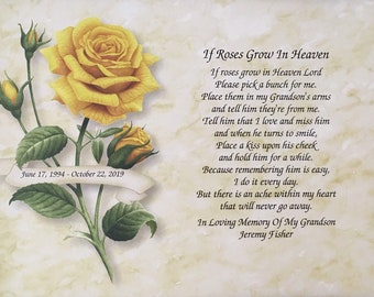 Könnte beinhalten: Eine gelbe Rose mit grünen Blättern und Knospen auf weißem Hintergrund. Der Text lautet: "June 17, 1994 - October 22, 2019" und "If Roses Grow In Heaven... In Loving Memory Of My Grandson Jeremy Fisher".