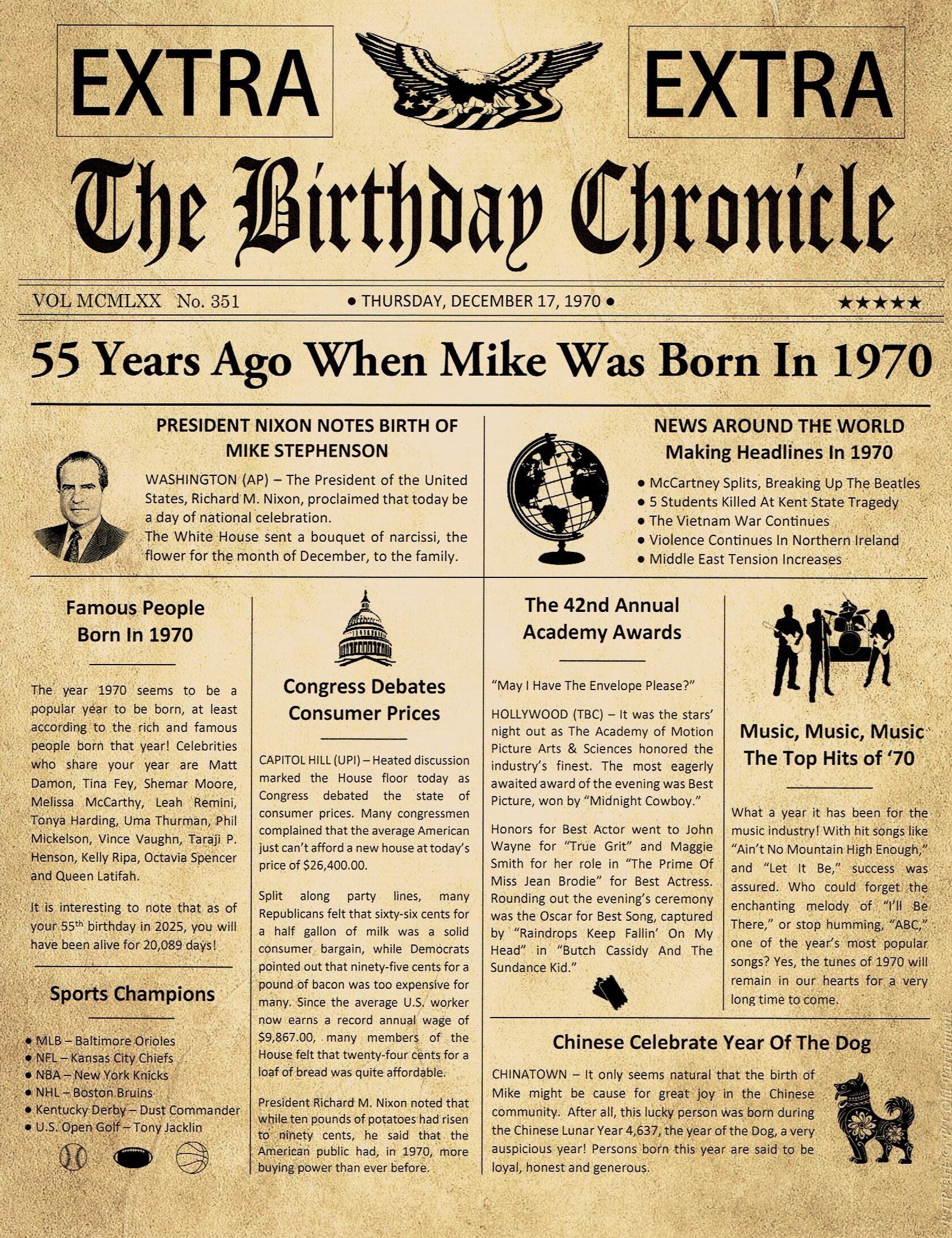 55Th Birthday Gifts, Personalized, Headline News Print, Time Capsule, Newsletter Style, 1970 Gift, Chronicle, Born in 1970, Party