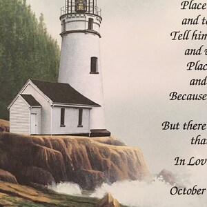 May include: A white lighthouse with a black roof stands on a rocky cliff overlooking a stormy sea. The lighthouse has a light on top and a small house attached to the base. The waves are crashing against the rocks and the sky is cloudy. The text "If roses could speak, Please place a rose on my grave and tell him I loved him and place a rose on his grave and tell him I loved him because he was my everything. But there is no grave for me, that is my only regret. In Love, October" is written on the right side of the image.