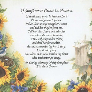 May include: A poem about sunflowers and remembering a loved one, with a bird's nest and a birdhouse in a field of sunflowers.