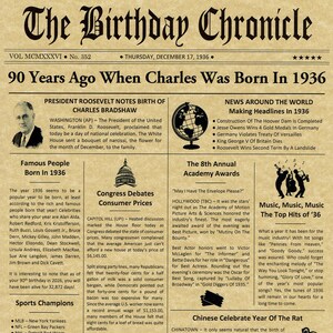 90th Birthday Gifts, Personalized, Headline News Print, Time Capsule, Newsletter Style, 1936 Birthday Gift, Chronicle, 90th Milestone Gift bild 6