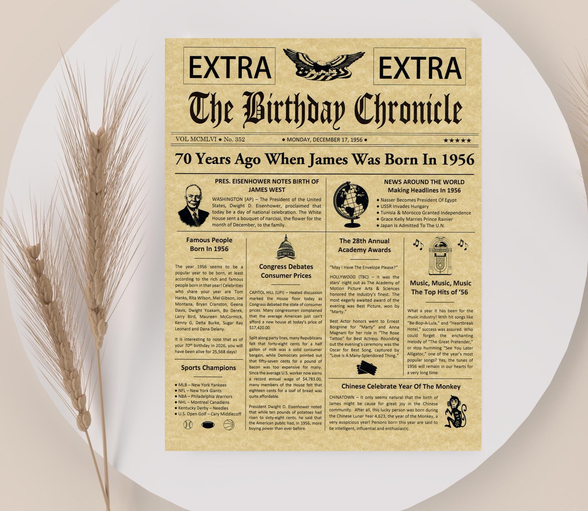 70Th Birthday Gifts, Personalized, Headline News Print, Time Capsule, Newsletter Style, 1956 Gift, Chronicle, Milestone Gifts