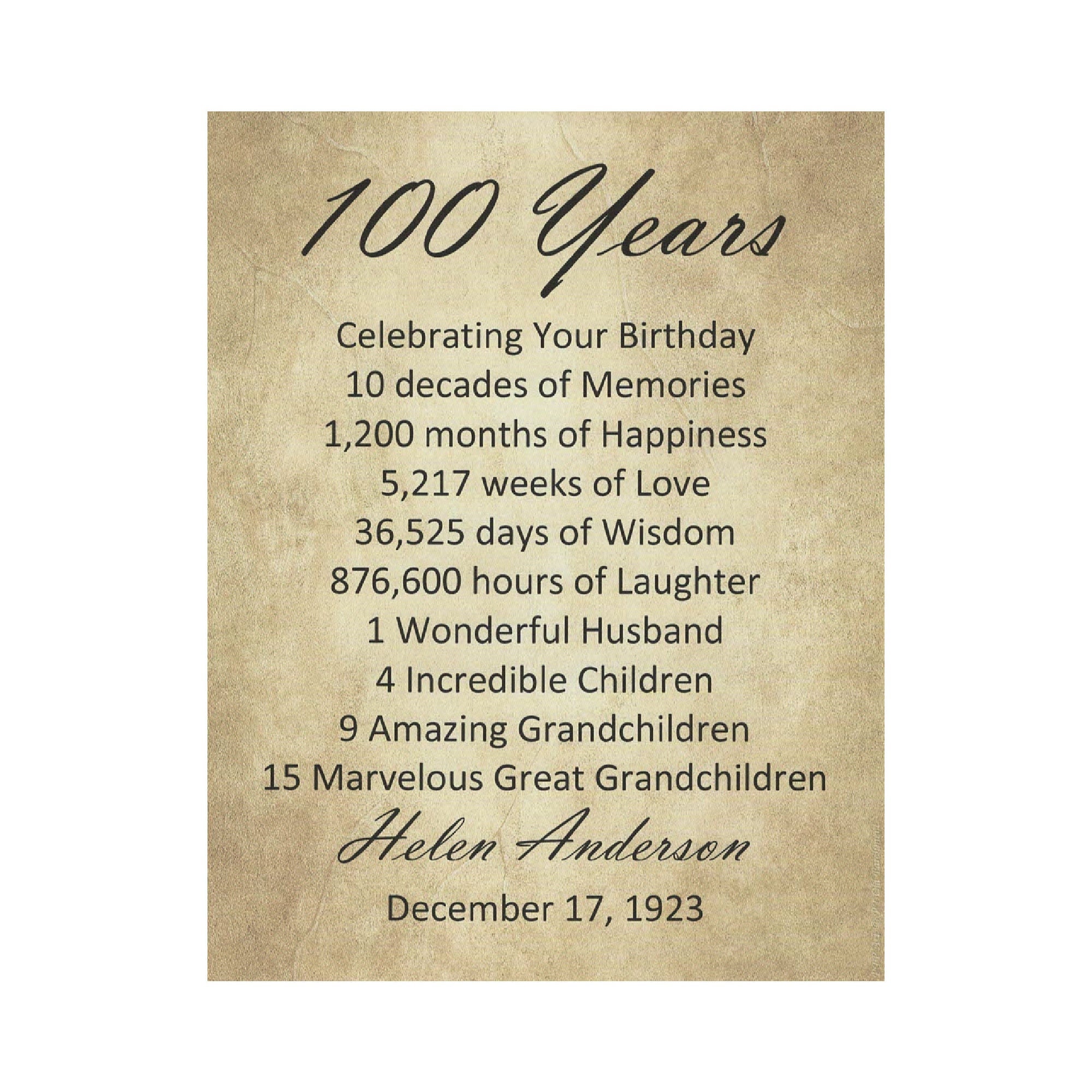 100th Birthday Gift, Personalized, 100 Years Old, Birthday Print, 1926 Birthday Gift, Birthday Party Decor, Born in 1926, 100th Milestone