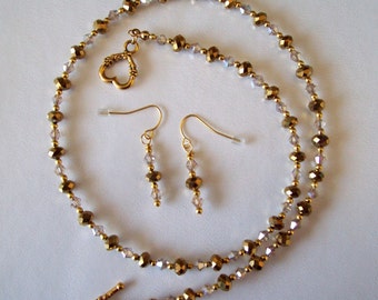 Gold and Champagne Crystal Necklace with Matching Dangle Earrings