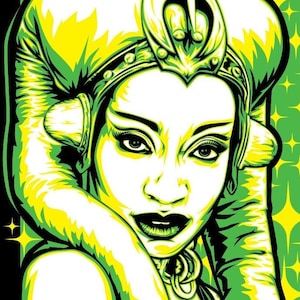 May include: A black and green illustration of a woman with a large headpiece and a net-like dress. The background is a black and green pattern with stars.