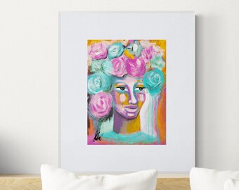Pintura de retrato abstrato - Pintura original - Pintura facial - Arte feminina - Pintura de flores - Pintura floral - Pintura rosa - Colorido