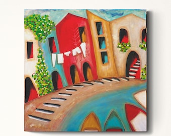 Seaside Original Art, Town Painting, Abstract Original Painting, Whimsical Paintings, Colorful Painting, Contemporary Art, Mediterranean