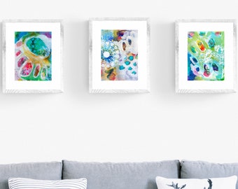 Flower Abstract Painting - Blue Green Painting - Triptych Original - Triptych Wall Art - Floral Painting - Original Abstract Paintings