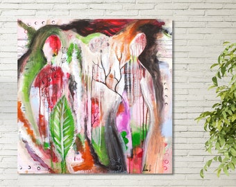 Könnte beinhalten: Abstraktes Gemälde in einem farbenfrohen, geschichteten Stil. Das Gemälde zeigt eine zentrale Figur mit rotem Kopf und grünen Blättern, umgeben von einem Mix aus rosa, weißen und schwarzen Pinselstrichen.