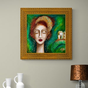 Woman Painting Canvas - Green Painting - Original Painting - Portrait Painting - Whimsical Painting - Gold Green Painting - Contemporary Art