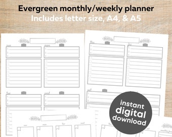 Printable evergreen weekly & monthly planner kit | Sunday - Saturday planner | Digital minimalism planner | Printable Letter, A4, A5 planner