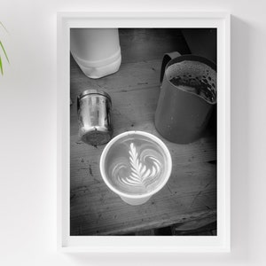 Latte and steaming pitcher fine art print | Kitchen wall art and Cafe decor | Espresso and coffee lover photography