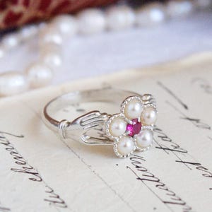 Georgian era engagement silver ring with the hands holding the flower, &quot;Forget-me-not&quot; lover&#39;s gift finger ring, the 1800s historical design