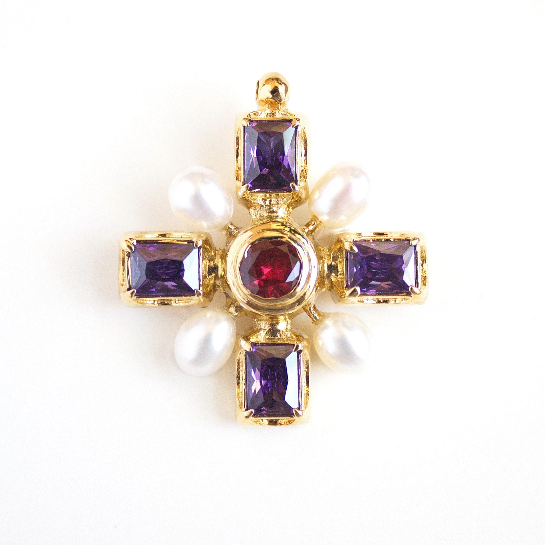 Renaissance Cross Pendant: Brass, Cubic Zirconia & Pearl