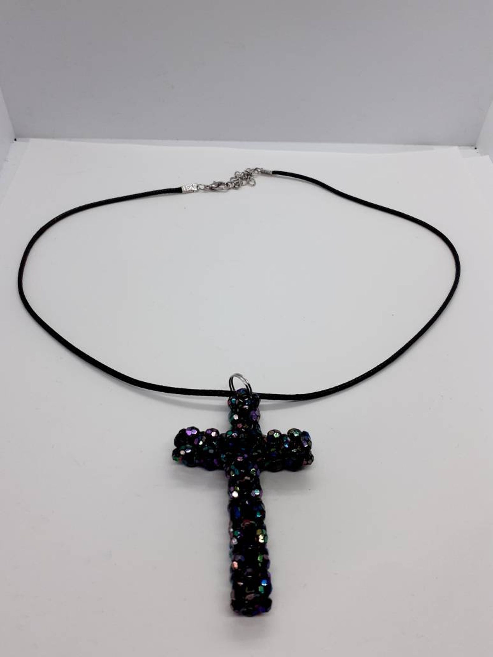 Unique beaded cross pendant on black leather cord necklace Etsy