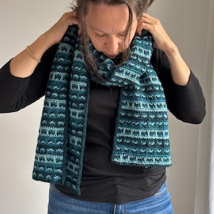 May include: A teal and blue crochet scarf with a geometric pattern. The scarf is draped around the neck and shoulders. The scarf appears to be handmade and is a rectangular shape.