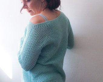 Women’s Crochet Sweater Pattern: Free Flow Jumper| Off the shoulder 3/4 length kimono sleeve pullover| Crocheted with sock weight/4ply yarn