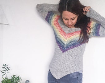 Crochet Sweater Pattern: “Rainbow Smiles” striped v-neck Jumper. Simple top down raglan pullover in women’s sizes XS - 3X