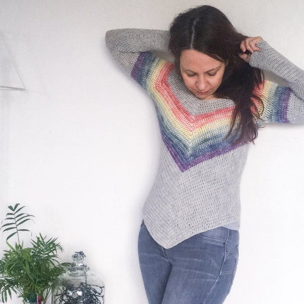 Crochet Sweater Pattern: “Rainbow Smiles” striped v-neck Jumper. Simple top down raglan pullover in women’s sizes XS - 3X
