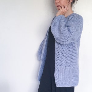 Everyday Wearable Crochet Cardigan Pattern: Relaxed fit, aran weight cosy cardi with bulb sleeves and pockets