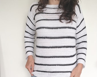 Simple Striped Crochet Sweater Pattern | Modern boat neck crochet jumper pattern with 3/4 length sleeves
