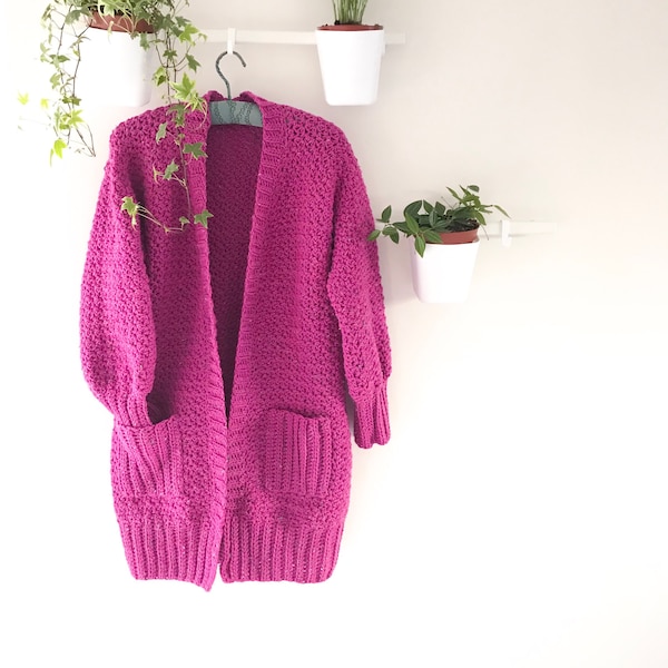 Chunky Crochet Cardigan Pattern: Women's cosy oversized coatigan with pockets!|Comfy, practical cardi| Simple stitches in aran weight yarn