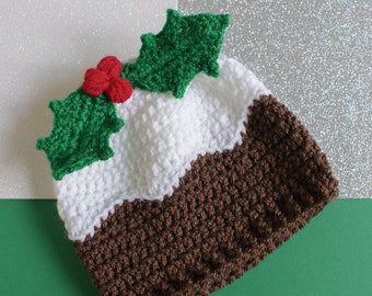Christmas Pudding Beanie Hat Crochet Pattern with holly sprig and berries| Novelty Xmas Hat Pattern Includes 8 sizes.