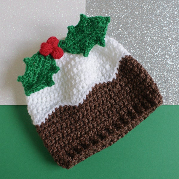 Christmas Pudding Beanie Hat Crochet Pattern with holly sprig and berries| Novelty Xmas Hat Pattern Includes 8 sizes.